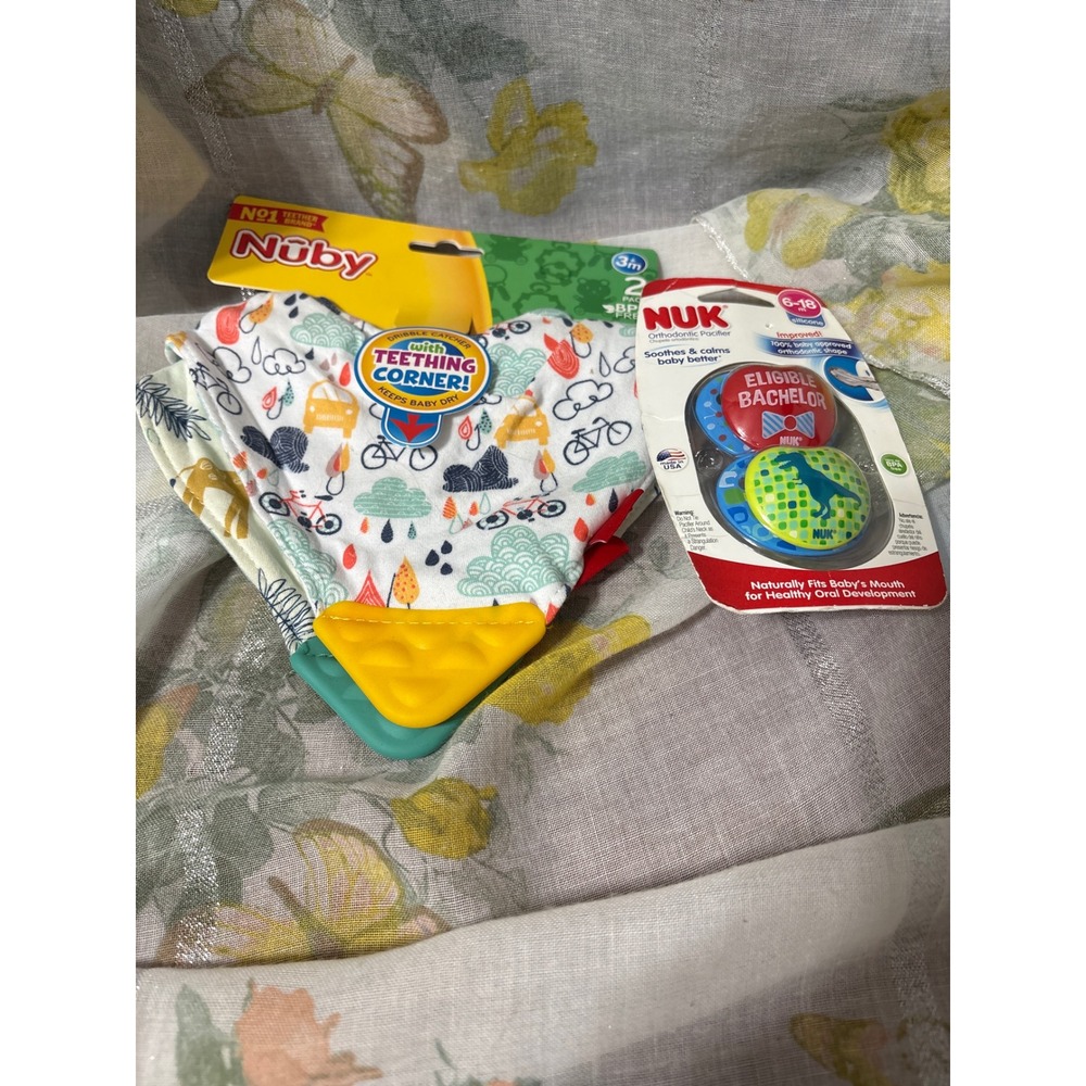 Nuby Teething Bibs 2pk & NUK Orthodontic Pacifiers 6-18m 2pk Bundle BPA Free NEW